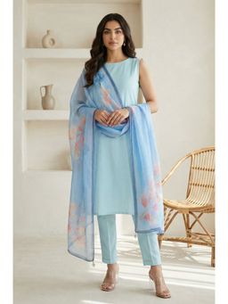 Aurelia - Women's Blue Floral Foil Printed Chiffon Dupatta
