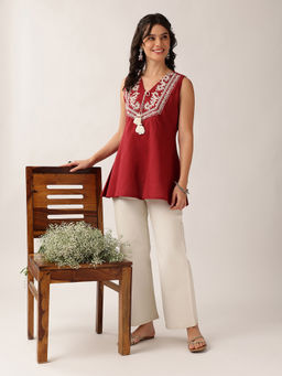 Vbuyz - Women Maroon Cotton Sleeveless Tunic