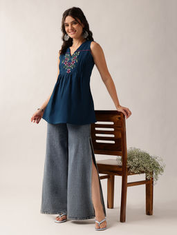 Vbuyz - Women Teal Cotton Sleeveless Tunic