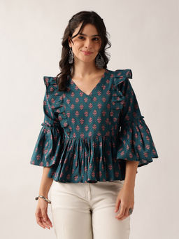 Vbuyz - Women Teal Cotton Three Fourth Sleeves Top