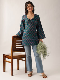 Vbuyz - Women Teal Cotton Full Sleeves Kurti
