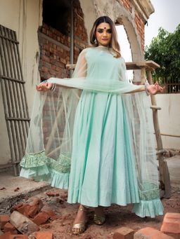 POMCHA - Aqua Blue Pure Cotton Anarkali (Set of 3)
