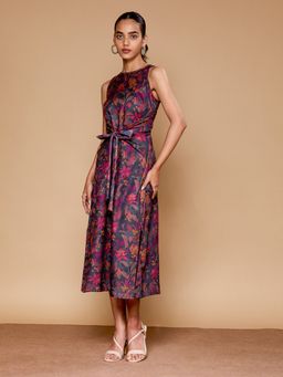 SAAKI - Black Painterly Floral Round Neck Dress