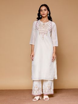 SAAKI - Women Off White Polyester Embroidered Kurta with Pant (Set of 2)