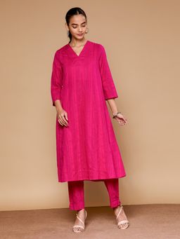 SAAKI - Women Magenta Cotton Stripes Kurta with Pant (Set of 2)