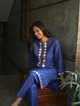 SAAKI - Women Navy Blue Polyester Embroidered Kurta with Pant (Set of 2)