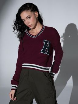 Hubberholme - V-Neck Self Design Typography Acrylic Pullover