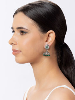 Niscka - Green Stone Silver Oxidized Jhumki Earrings