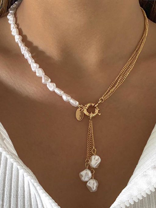 Niscka White Pearl Gold Toned Stylish Link Chain Necklace