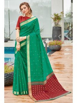 Sangam Prints - Green Cotton Woven Work Traditional Saree with Unstitched Blouse
