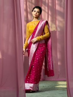 WeaverStory - Handloom Pink Banarasi Georgette Saree with Silver Zari