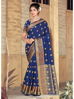 Sangam Prints - Navy Blue Silk Zari Work Traditional Saree with Unstitched Blouse