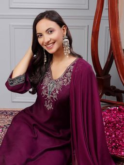 Nayam by lakshita - Solid Embroidered A-Line Viscose Kurta with Dupatta for Women (Set of 3)