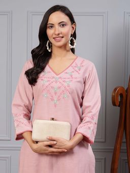 Nayam by lakshita - Solid Embroidered A-Line Cotton Linen Kurta with Dupatta (Set of 3)