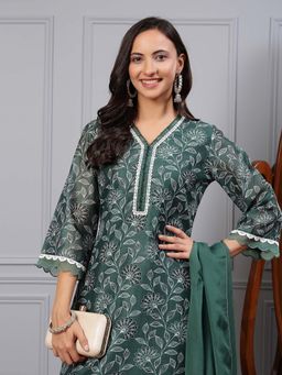 Nayam by lakshita - Floral Printed Straight Chanderi Kurta and Pant with Dupatta (Set of 3)