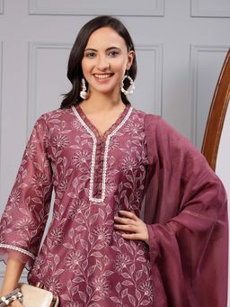 Nayam by lakshita - Floral Printed Straight Chanderi Kurta with Dupatta for Women (Set of 3)