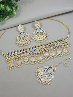 I Jewels - Gold Plated Blue Meenakari Kundan and Pearl Choker Jewellery Set