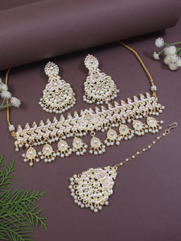 I Jewels - Gold Plated Purple Meenakari Kundan and Pearl Choker Jewellery Set