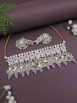 I Jewels - Gold Plated Purple Kundan and Pearl Bridal Choker Jewellery Set