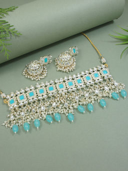 I Jewels - Gold Plated Grey Kundan and Pearl Bridal Choker Jewellery Set