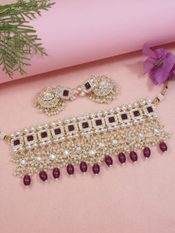 I Jewels - Gold Plated Wine Kundan and Pearl Bridal Choker Jewellery Set