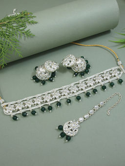 I Jewels - Gold Plated Green Kundan and Pearl Choker Necklace Jewellery Set