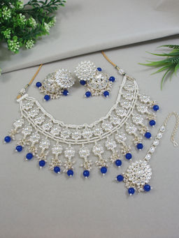 I Jewels - Gold Plated Blue Kundan and Pearl Choker Necklace Jewellery Set