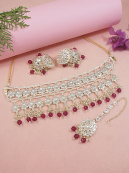 I Jewels - Gold Plated Pink Kundan and Pearl Choker Necklace Jewellery Set