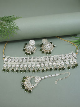 I Jewels - Gold Plated Green Kundan and Pearl Choker Necklace Jewellery Set