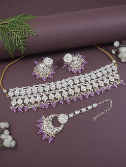 I Jewels - Gold Plated Purple Kundan and Pearl Choker Necklace Jewellery Set