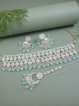 I Jewels - Gold Plated Turquoise Kundan and Pearl Choker Necklace Jewellery Set