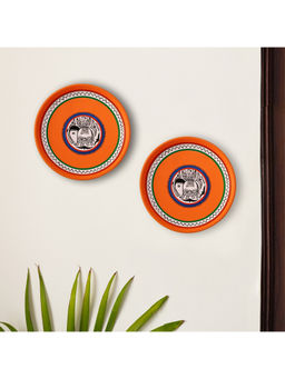ExclusiveLane - The Warli Tales' Hand-Painted Terracotta Wall Décor (8 Inch, Set Of 2, Orange)