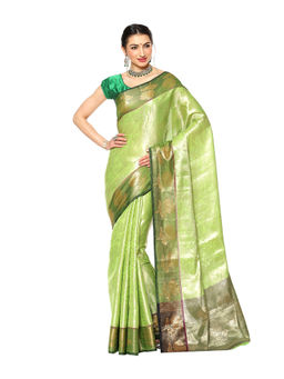 Banarasi Silk Works - Green Kanchi Silk Zari Pattu Border Saree with Unstitched Blouse