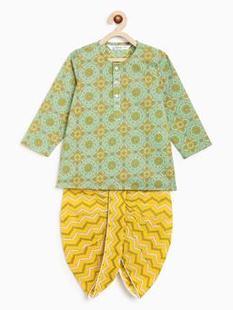 Campana - Green Floral Cotton Regular Kurta and Dhoti