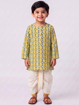 Campana - Mustard Printed Cotton Regular Kurta and Dhoti