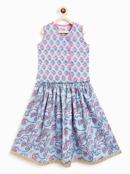 Campana - Blue Floral Cotton Flared Choli and Lehenga