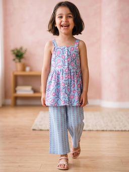 Campana - Blue Floral Cotton Regular Kurta and Palazzo