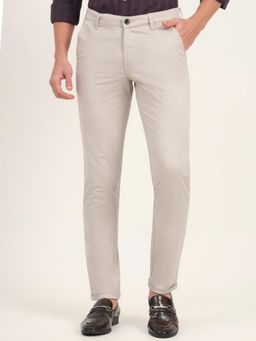 JadeBlue - Men Cream Cotton Blend Solid Slim Fit Trouser