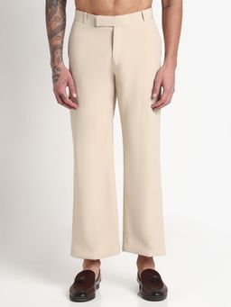 SHOWOFF - Men Cream Rayon Solid Flared Fit Trouser