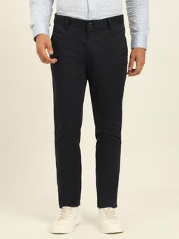 JadeBlue - Men Navy Blue Cotton Blend Solid Slim Fit Trouser