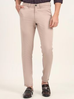 JadeBlue - Men Beige Cotton Blend Solid Slim Fit Trouser