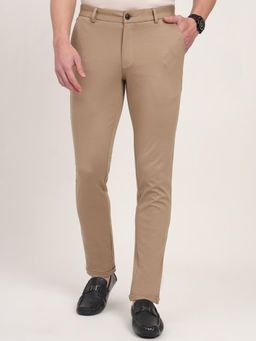 JadeBlue - Men Beige Rayon Blend Solid Slim Fit Trouser