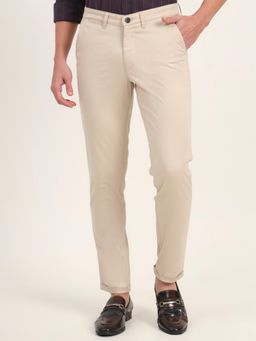 JadeBlue - Men Beige Cotton Blend Solid Slim Fit Trouser