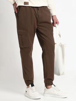 SHOWOFF - Men Olive Cotton Solid Regular Fit Joggers