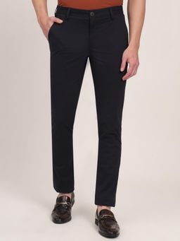 JadeBlue - Men Navy Blue Cotton Blend Solid Slim Fit Trouser