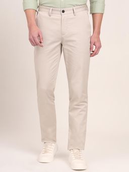 JadeBlue - Men Beige Cotton Blend Solid Slim Fit Trouser