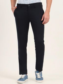 JadeBlue - Men Navy Blue Cotton Blend Solid Super Slim Fit Trouser