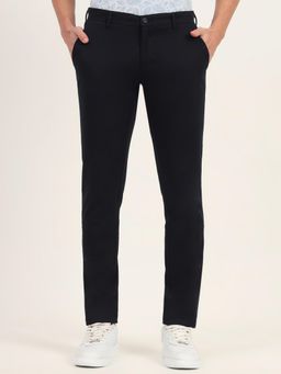 JadeBlue - Men Navy Blue Cotton Blend Solid Super Slim Fit Trouser