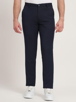 JadeBlue - Men Navy Blue Cotton Blend Solid Slim Fit Trouser