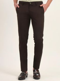 JadeBlue - Men Brown Cotton Blend Solid Super Slim Fit Trouser